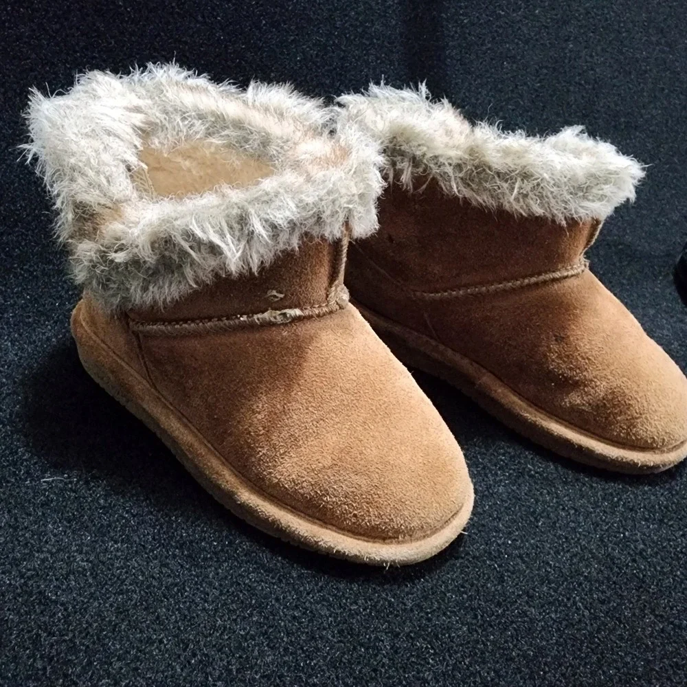 Bearpaw Toddler Hickory Brown Suede Faux Fur Trim‎ Ankle Boots Size 12 US